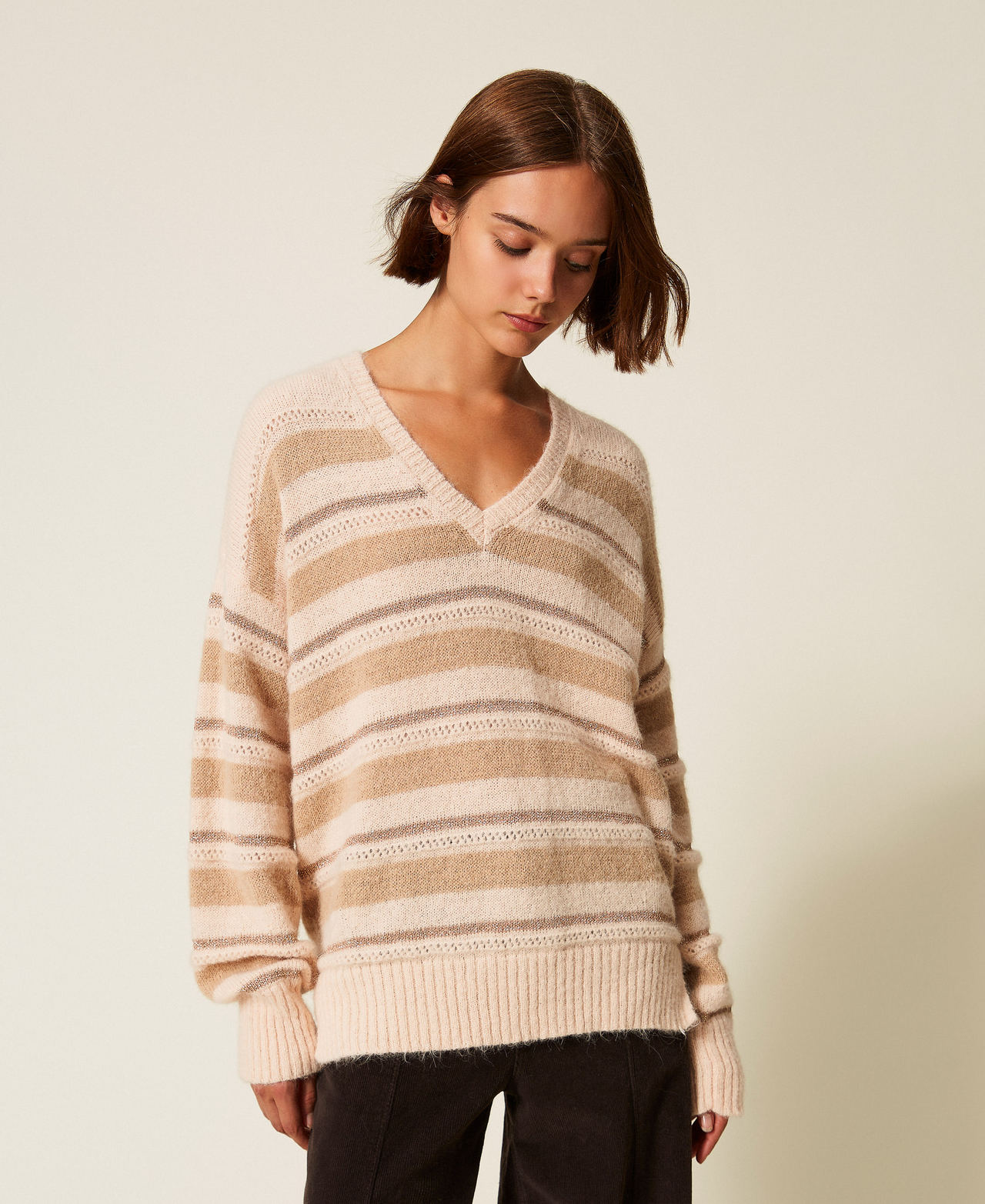Twinset Pulls - Maxi pull en alpaga mélangé, Rayure Marron « Alpaga »/Alpaga Lurex, À rayures, Taille: L