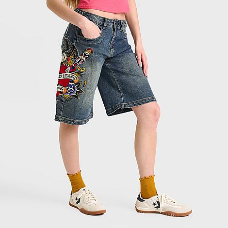 Ed Hardy Women's Sacred Heart Denim Jorts in Medium Tint