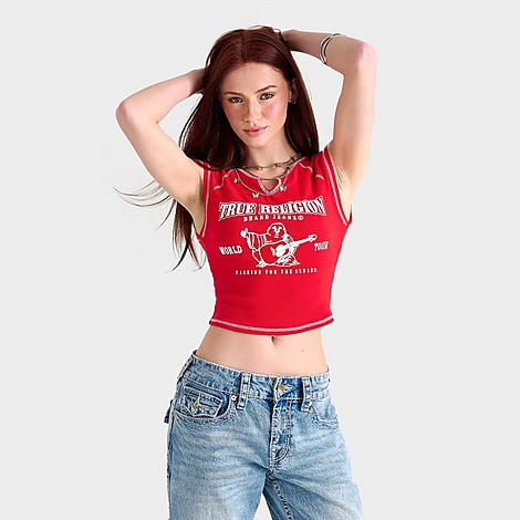 True Religion Women's Buddha World Tour Rib Notch Baby T-Shirt in Scarlet Size: XS