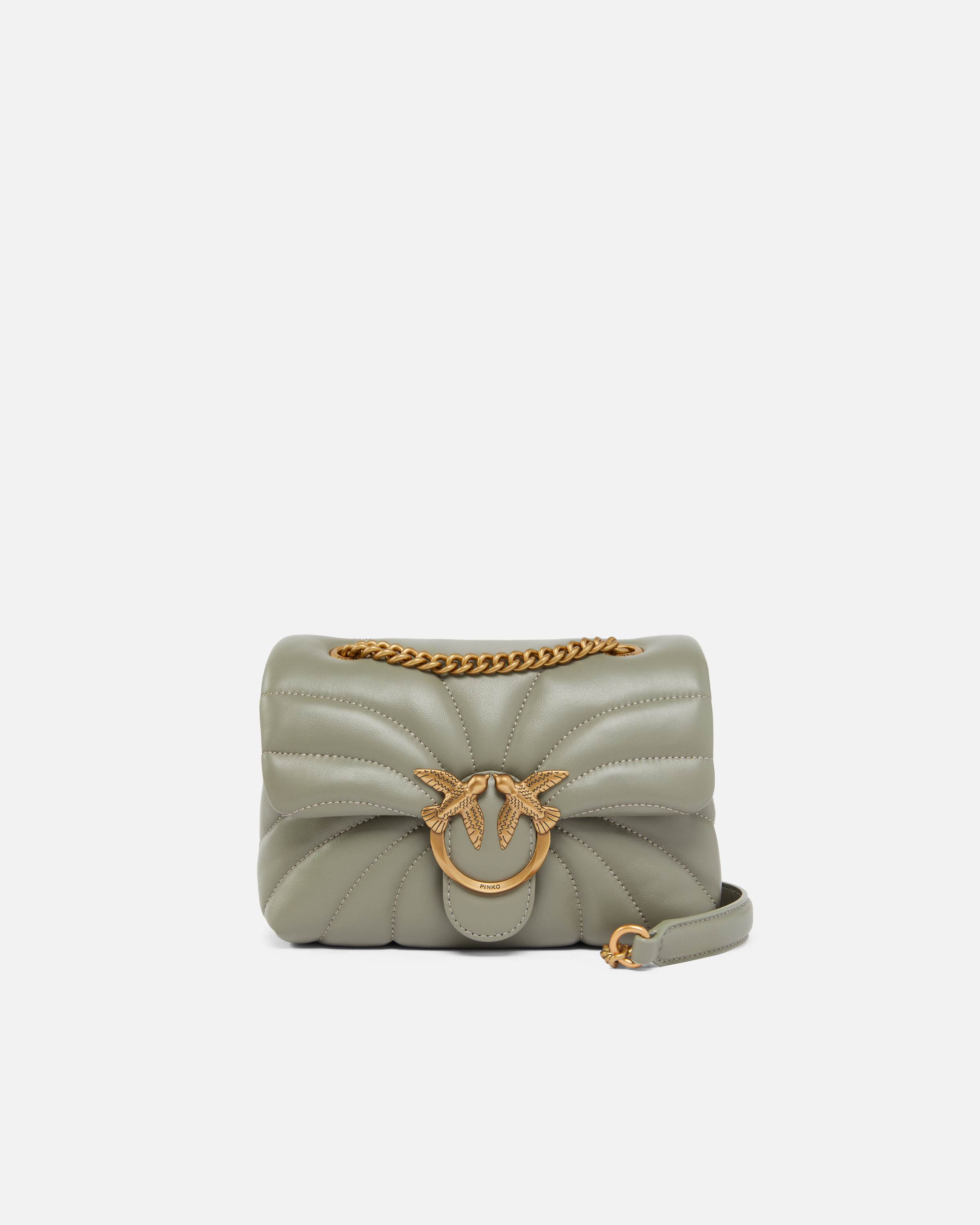 Pinko, Mini sac à bandoulière Love Bag Puff Butterfly en cuir nappa, Vert vétiver-or antique, U