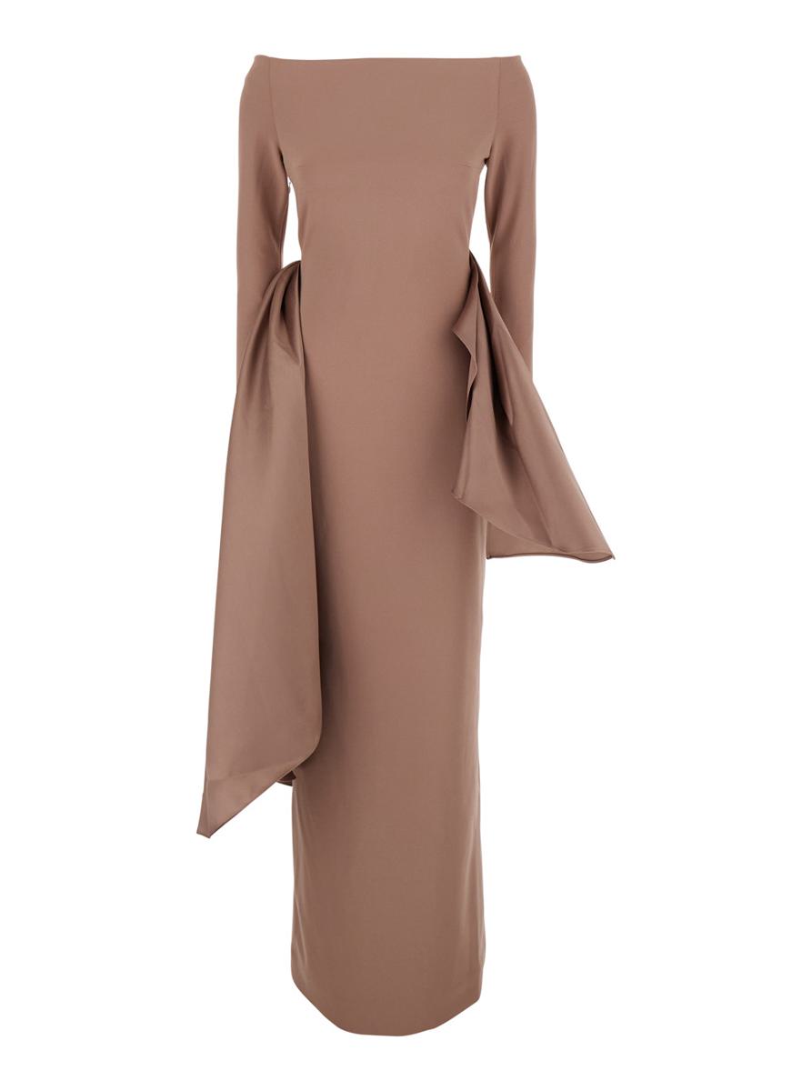 'Kiana' Brown Long Dress With Boat Neckline And Maxi Draped Detail In Tech Fabric Stretch Woman