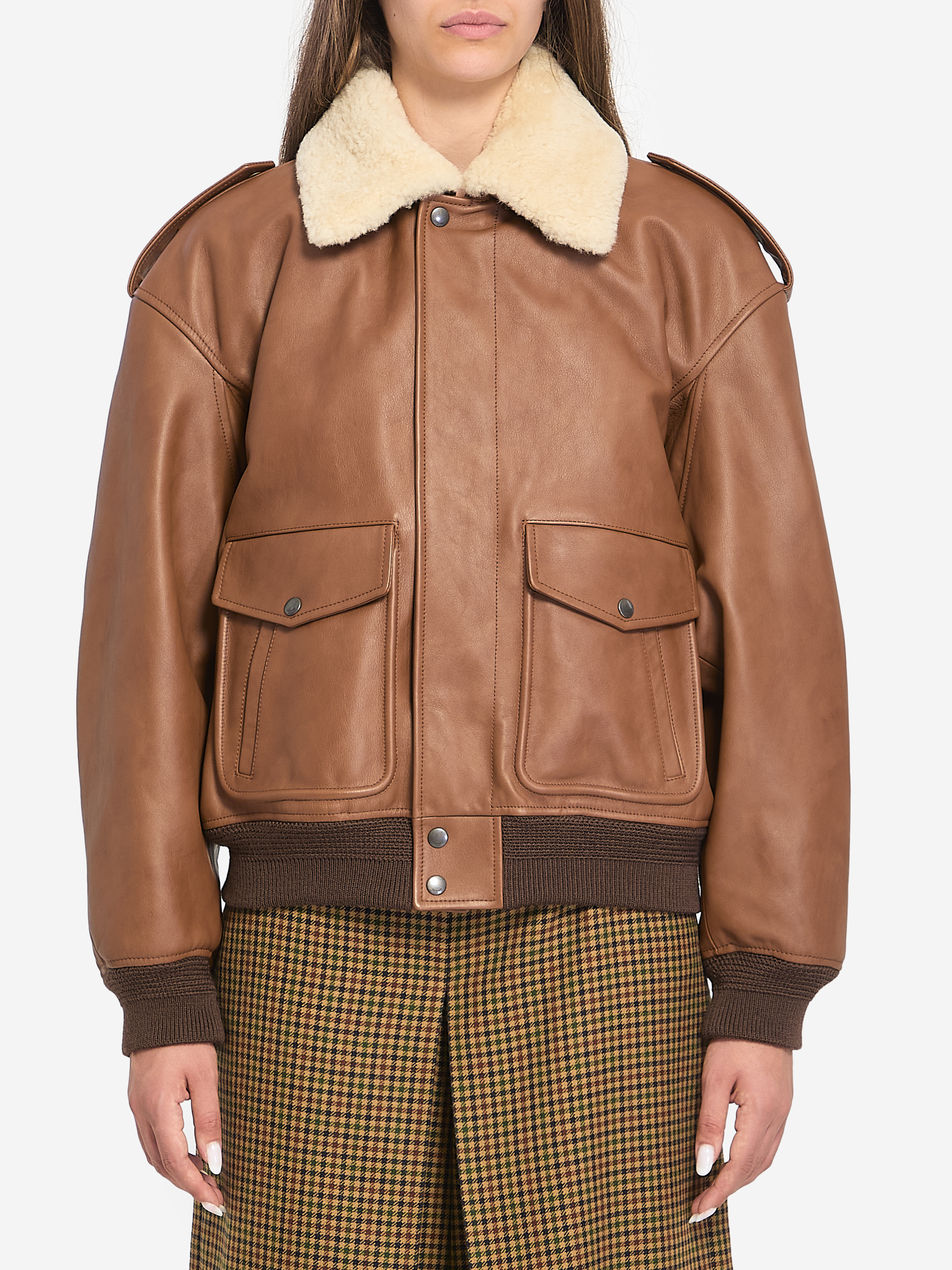 Bomber jacket in hammered leather and shearling