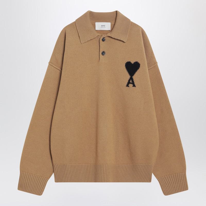 AMI Paris Camel-Coloured AMI Paris De Coeur Polo Sweater