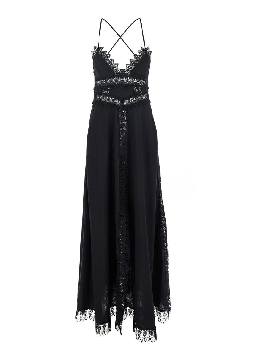 'Cindy' Black Long Dress With Cutout On The Back And Lace Details In Cotton Woman