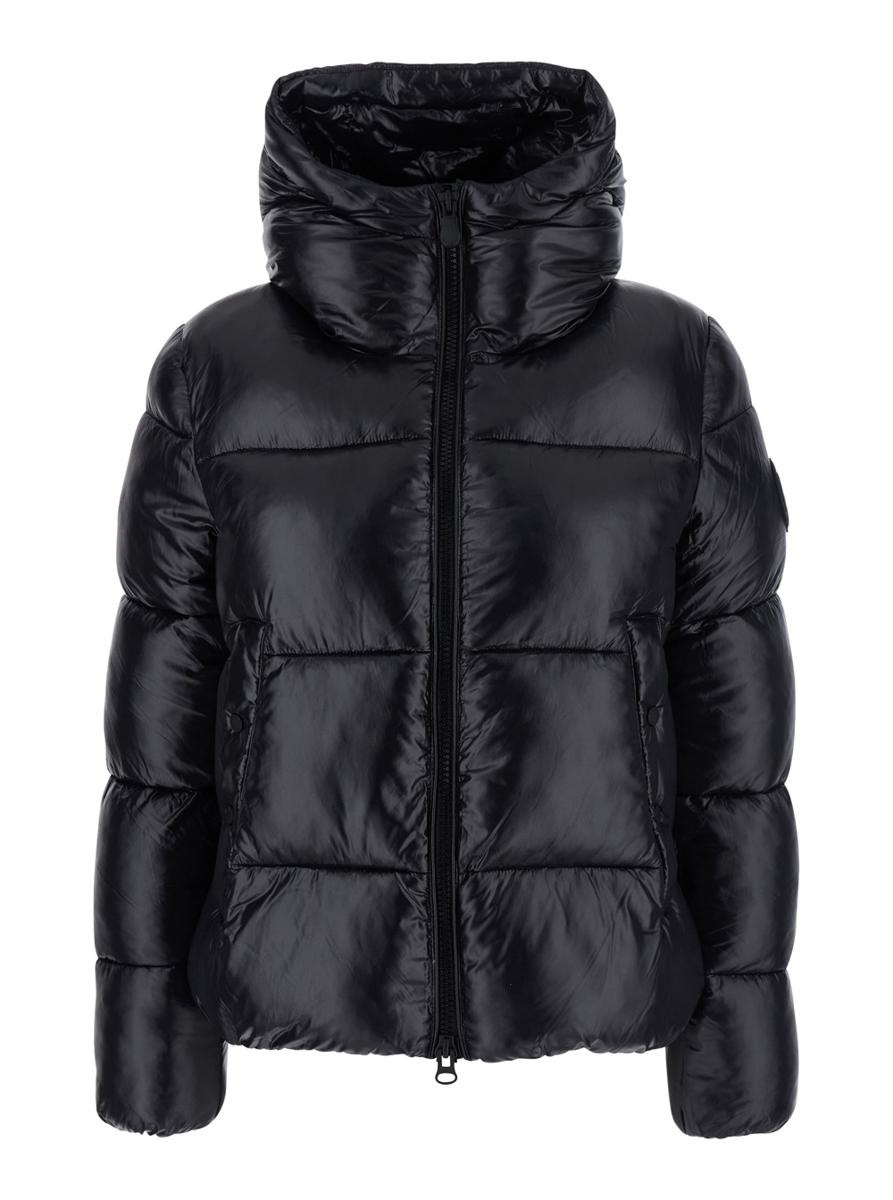 'Biddy' Black Down Jacket With Hood And Logo On The Sleeve In Tech Fabric Woman