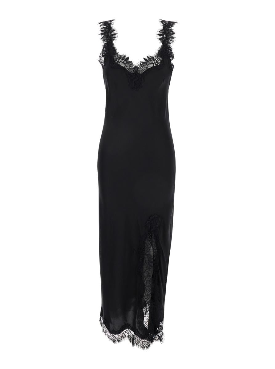 'Miley' Long Black Dress With Tonal Lace Trim In Silk Woman