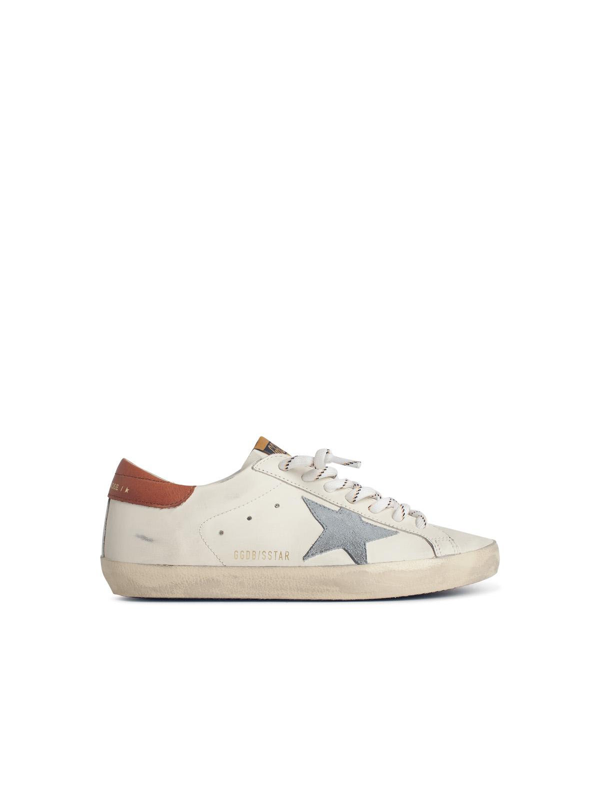 Golden Goose Super-star White Leather Sneakers With Grey Suede Star And Brown Heel