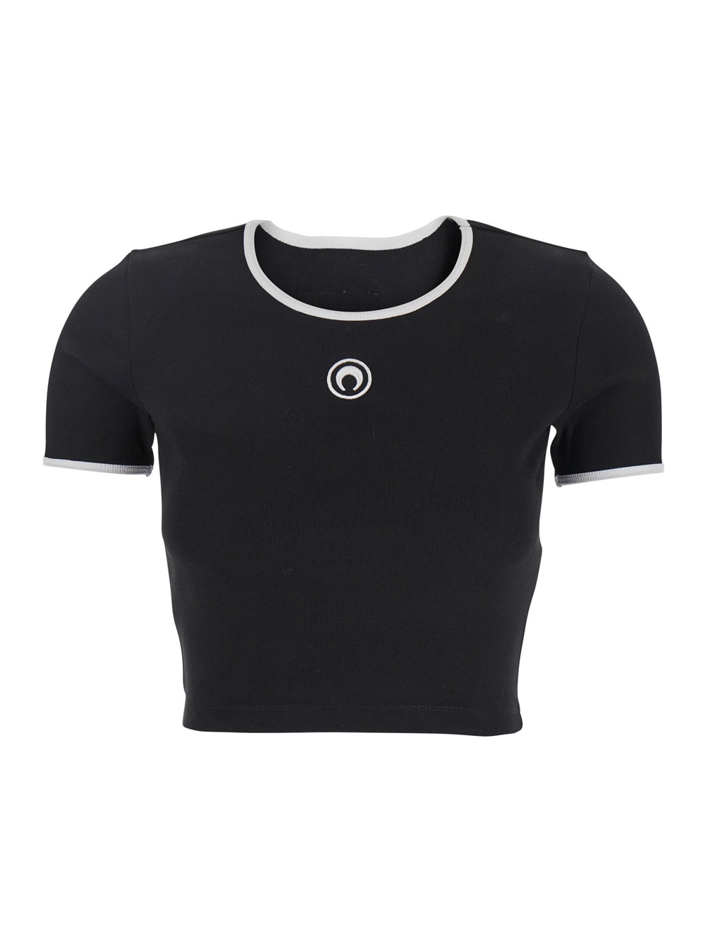 Marine Serre Black Cropped Crewneck T-shirt With Logo Embroidery On The Front In Cotton Woman