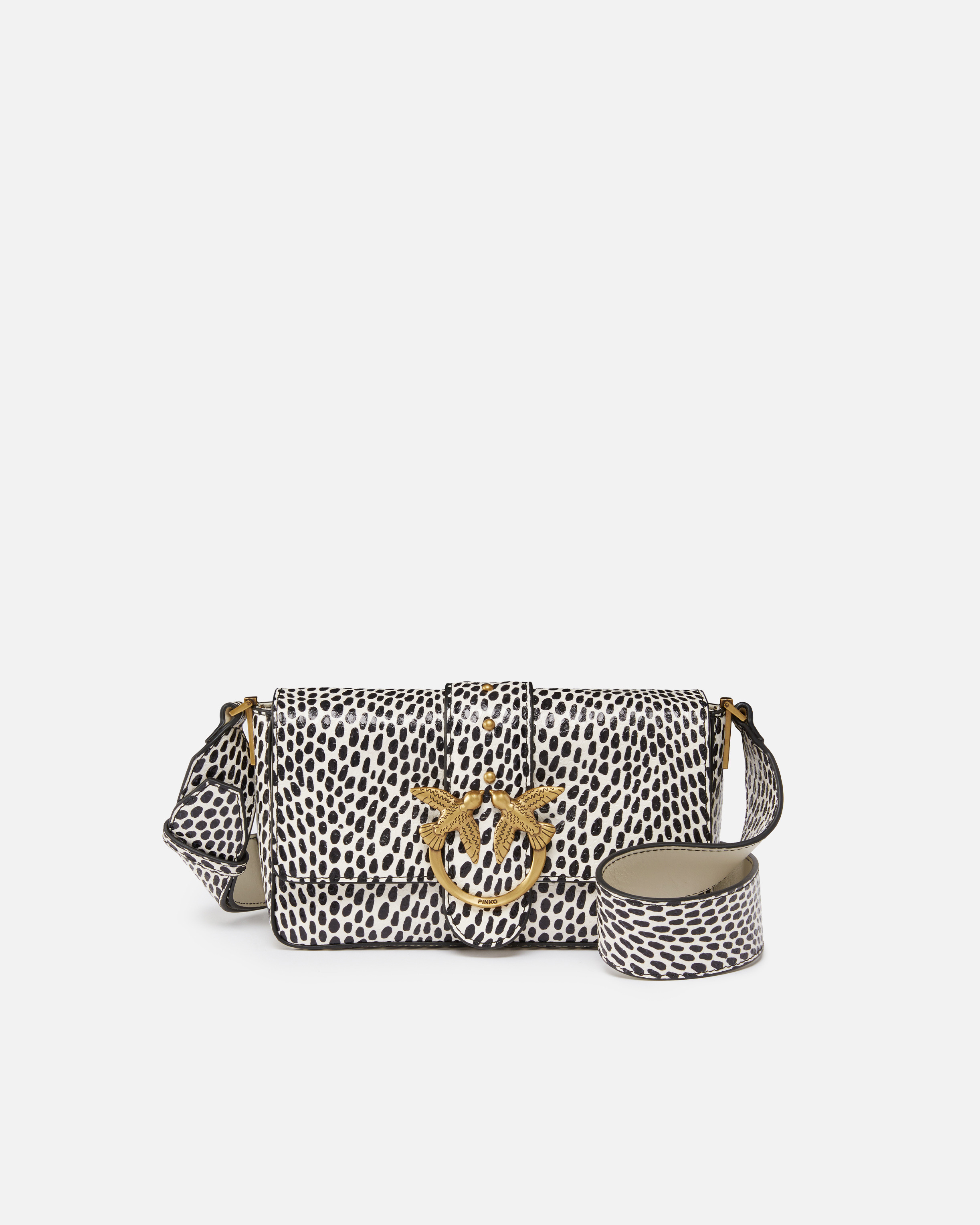 Pinko, Sac souple à bandoulière Mini Love Bag en cuir embossé reptile à pois, Blanc/noir-or antique, U
