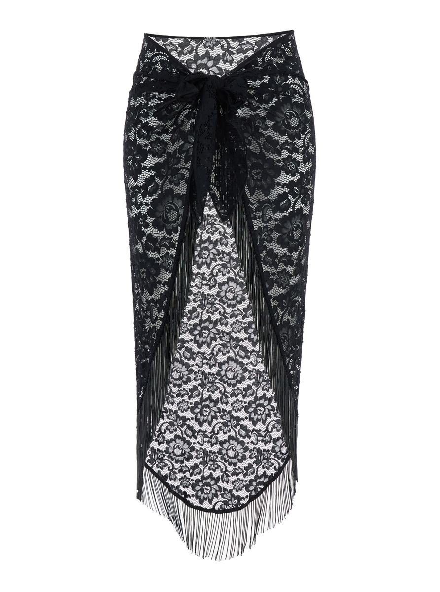 'Bohemia' Black Skirt With Fringed Hem And All-Over Lace Embroidery In Tech Fabric Stretch Woman