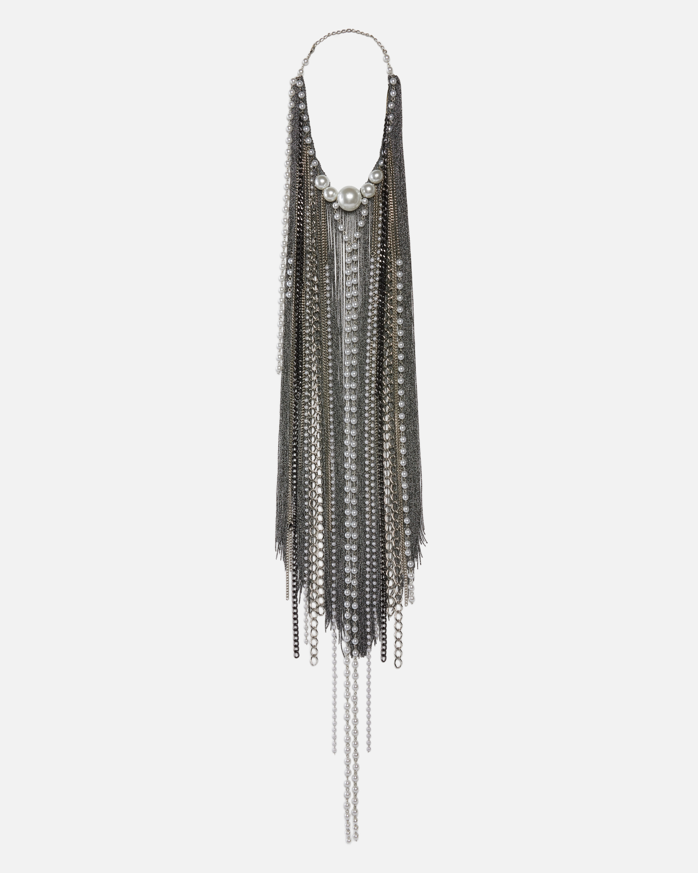 Pinko, Necklace with pearls and metal fringes, Nickel/blanc, U
