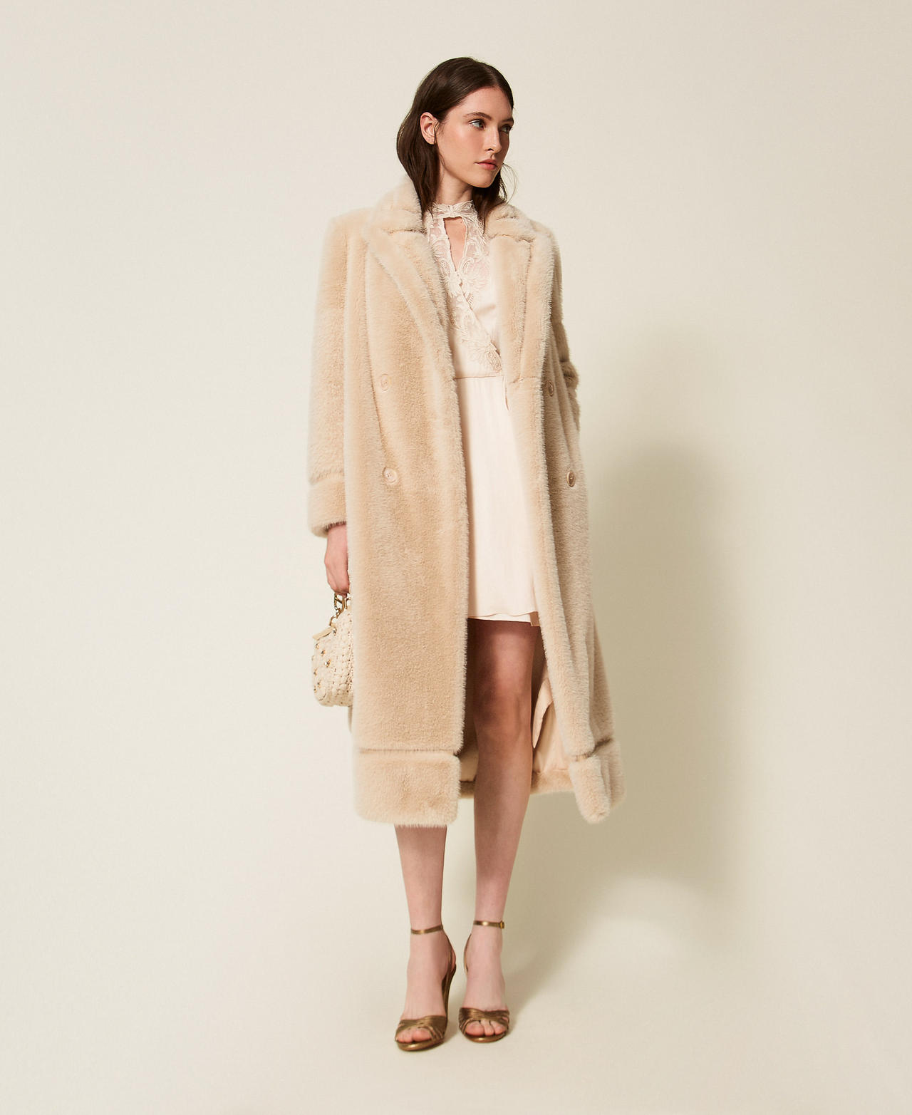 Twinset Blousons et manteaux - Manteau croisé en fausse fourrure, Light Natural, Fourrure synthétique, Taille: 38