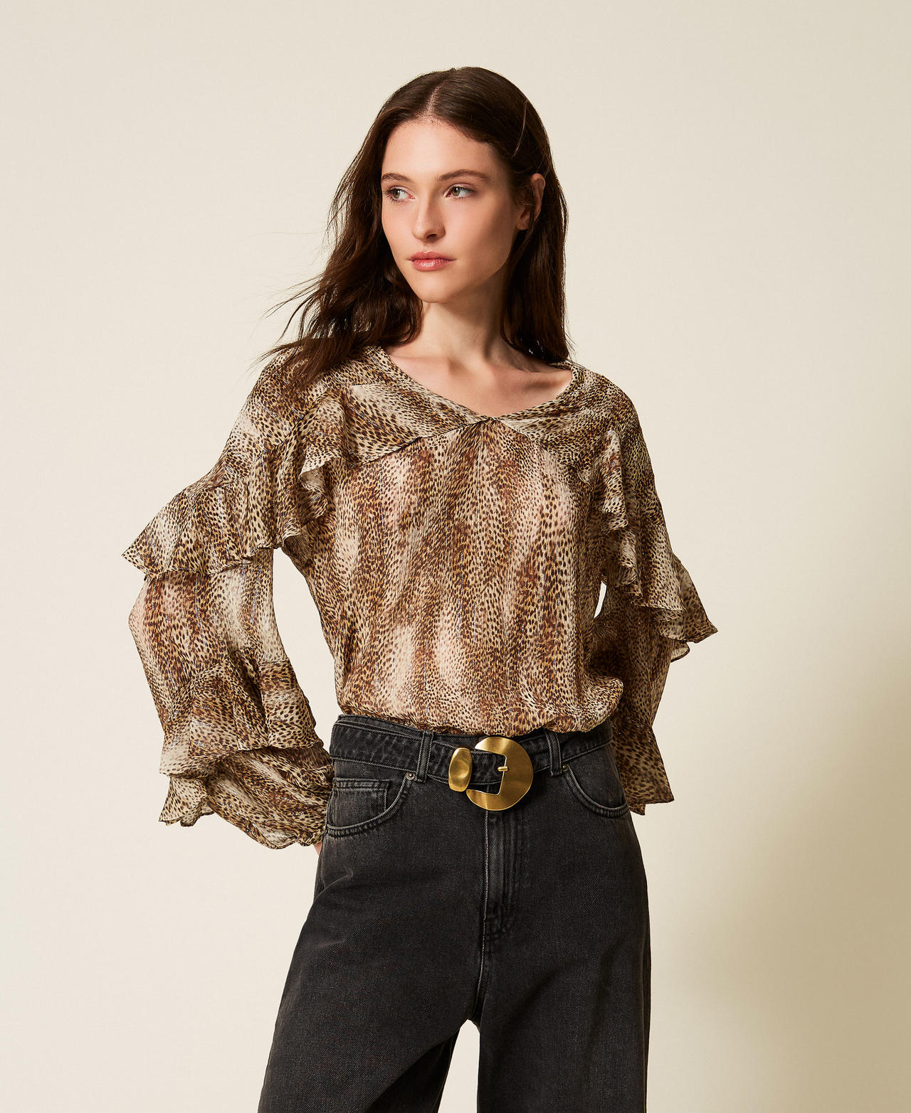 Twinset Blouses - Blouse en crépon animalier, Imprimé Animalier Marron Rayure Lurex, Taille: 38