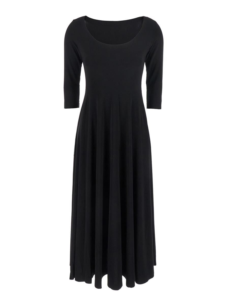 Black Long Dress With Round Neck And Flared Skirt In Tech Fabric Stretch Woman
