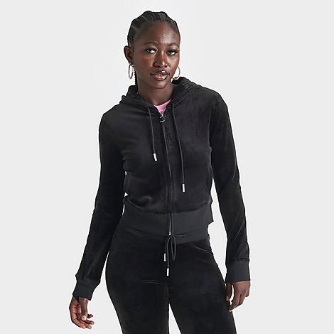 Juicy Couture Women's OG Big Bling Velour Zip-Up Hoodie in Liquorice Size: Large