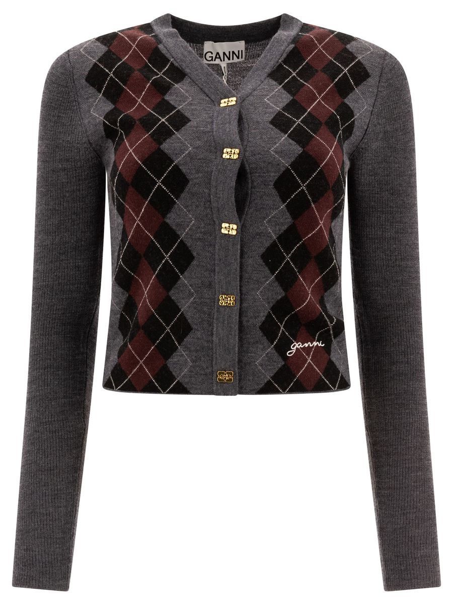 Grey Cropped Cardigan Wih V Neck And Checkmotif On The Front In Wool Woman