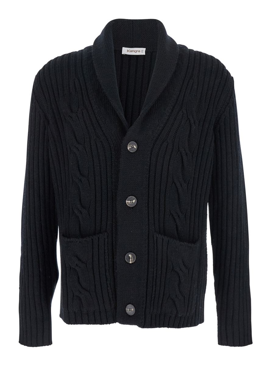 Black Interwoven Knit Cardigan With Shawl Collar In Cashmere Man