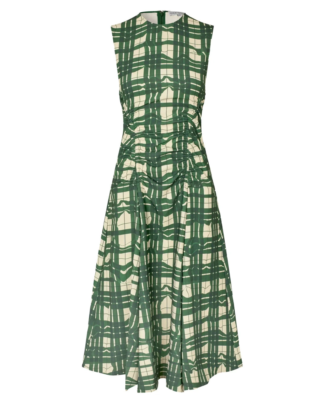 Sleeveless Gathered Midi Dress - Checkered Wave