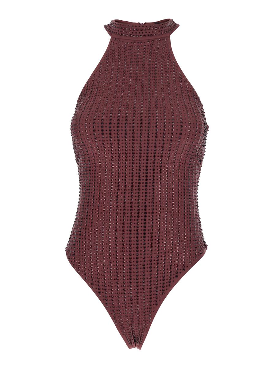 Bordeaux One-Piece With High Neck And All-Over Crystal Embellishments In Tech Fabric Stretch Woman