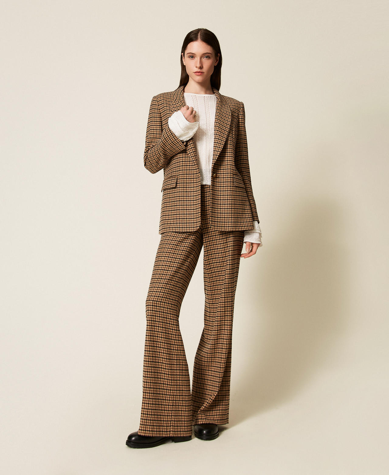 Twinset Pantalons - Pantalon en laine mélangée à carreaux, Carreau Camel/Noir, Taille: 38