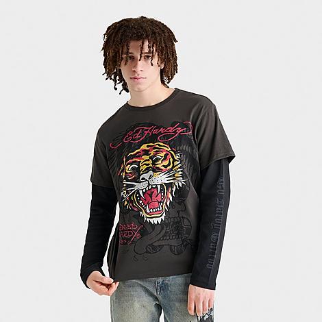 Ed Hardy Men's Tiger Head Hang Down Long-Sleeve T-Shirt in Charcoal Size: Small