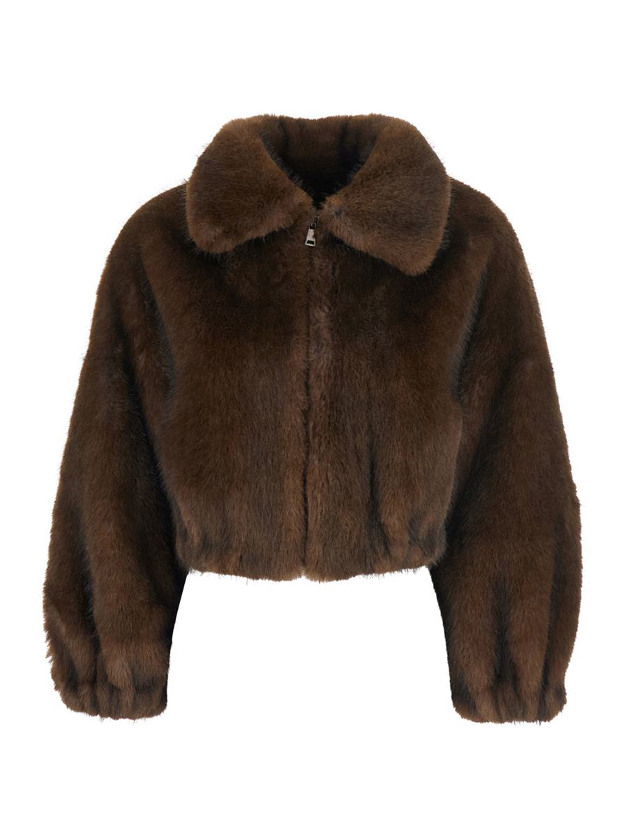Brown Bomber Jacket With Wide Collar In Faux Fur Woman