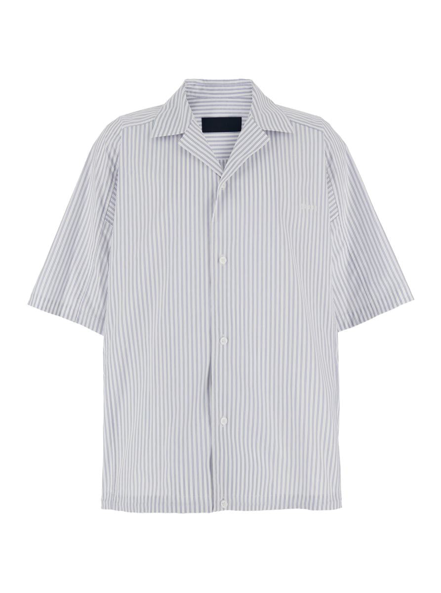 Blue Bowling Shirt With Cuban Collar And All-Over Striped Motif In Cotton Blend Man