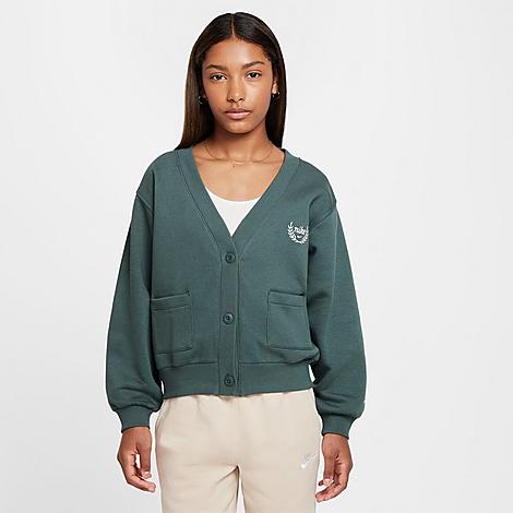 Nike Girls Sportswear Club Fleece Cardigan in Vintage Green/White Size: Large