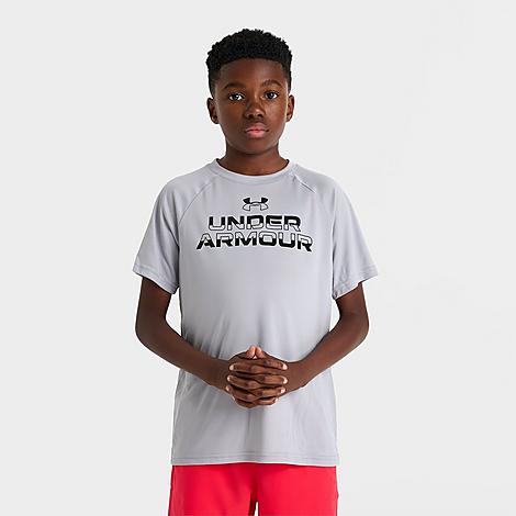 Under Armour Boys Tech Split Wordmark T-Shirt in MOD GRAY Size: Medium