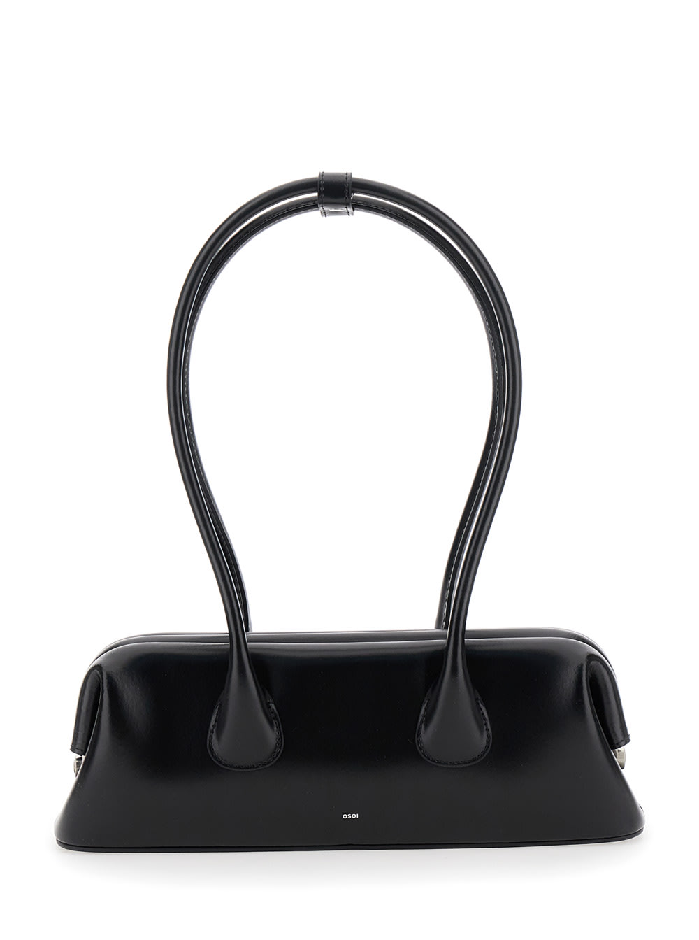 OSOI boat Wide Mini Black Shoulder Bag With Round Handles And Logo Lettering On The Front In Leather Woman