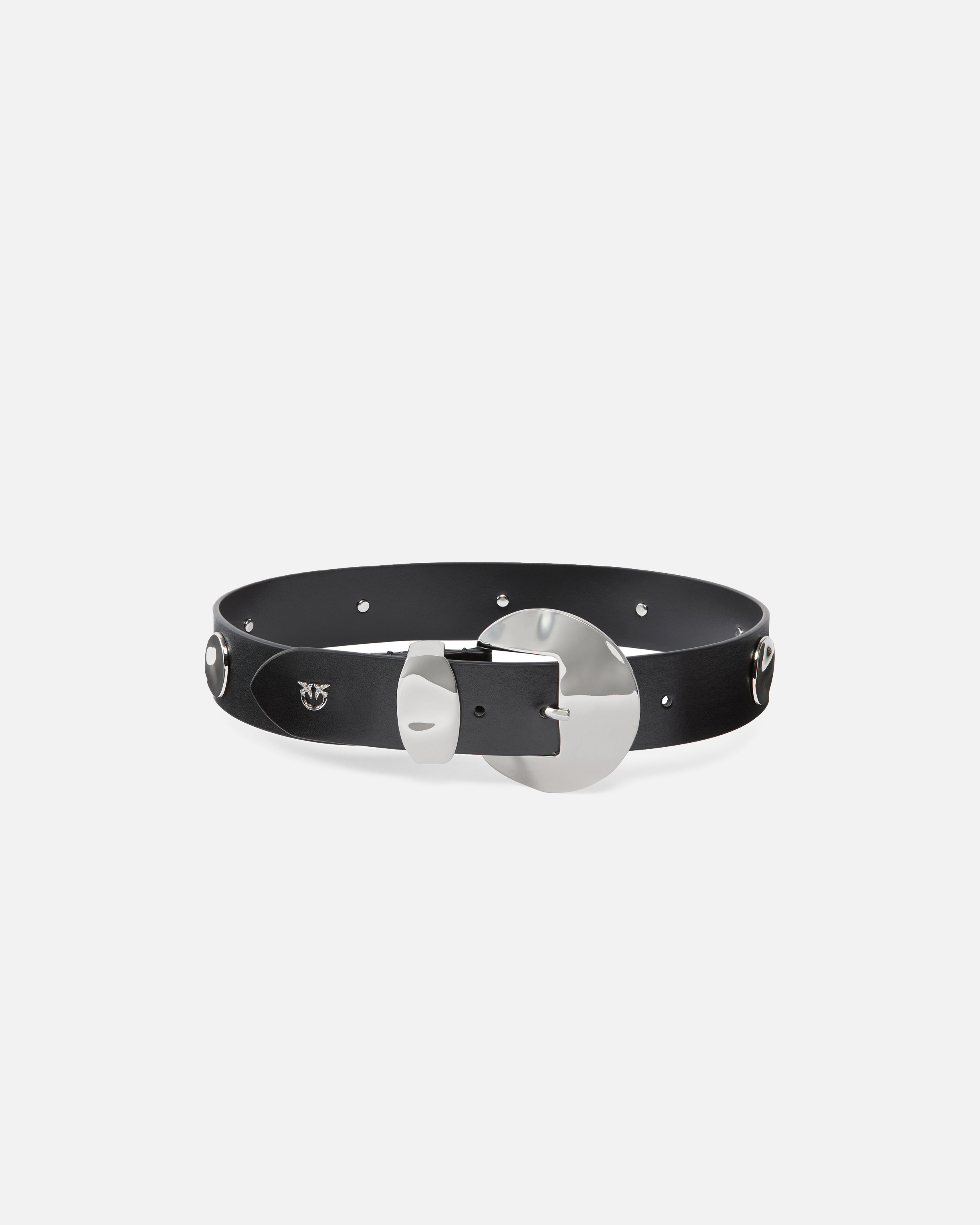 Pinko, Ceinture cloutée à logo Love Birds 4 cm, Noir limousine-nickel brillant, XS