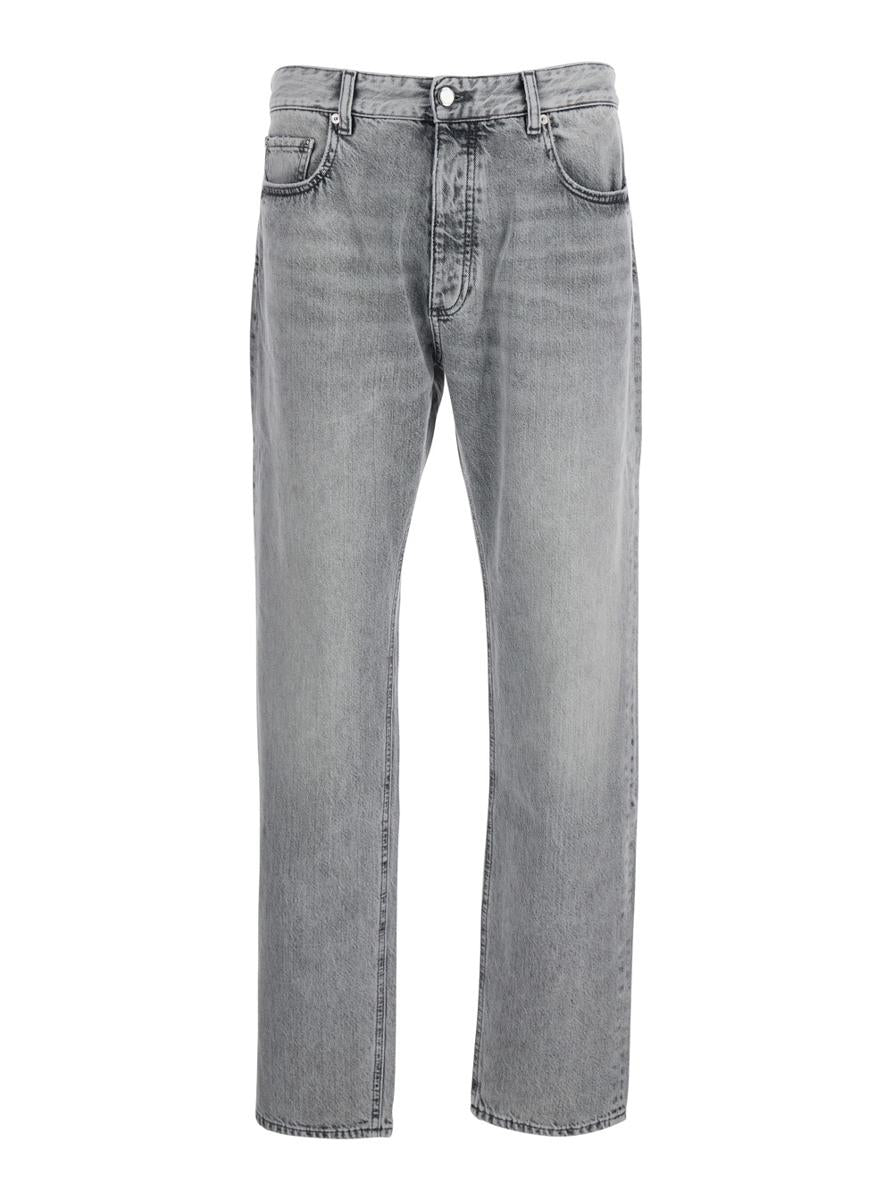 Grey Pants With Belt Loops And Rear Logo Patch In Denim Man