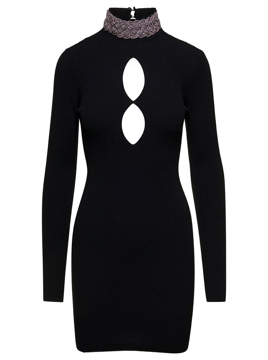 Merino Wool Mini Dress Embellished Neck