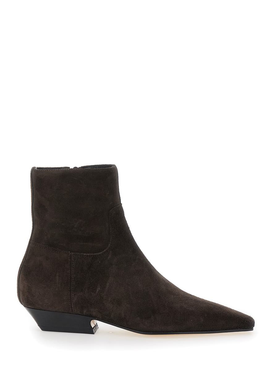 Brown Ankle Boots With Pointed Toe And Low Heel In Suede Woman