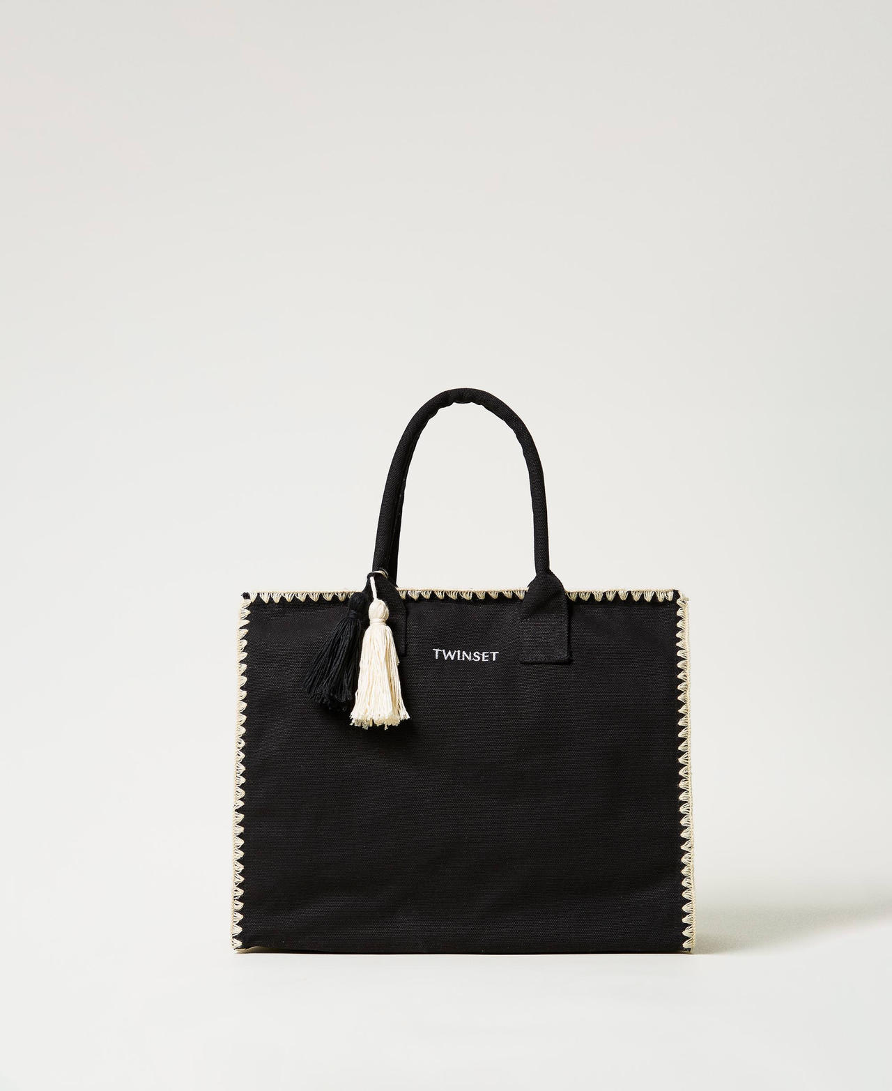 Twinset Plage - Cabas en toile avec broderie, Noir, Taille Unique