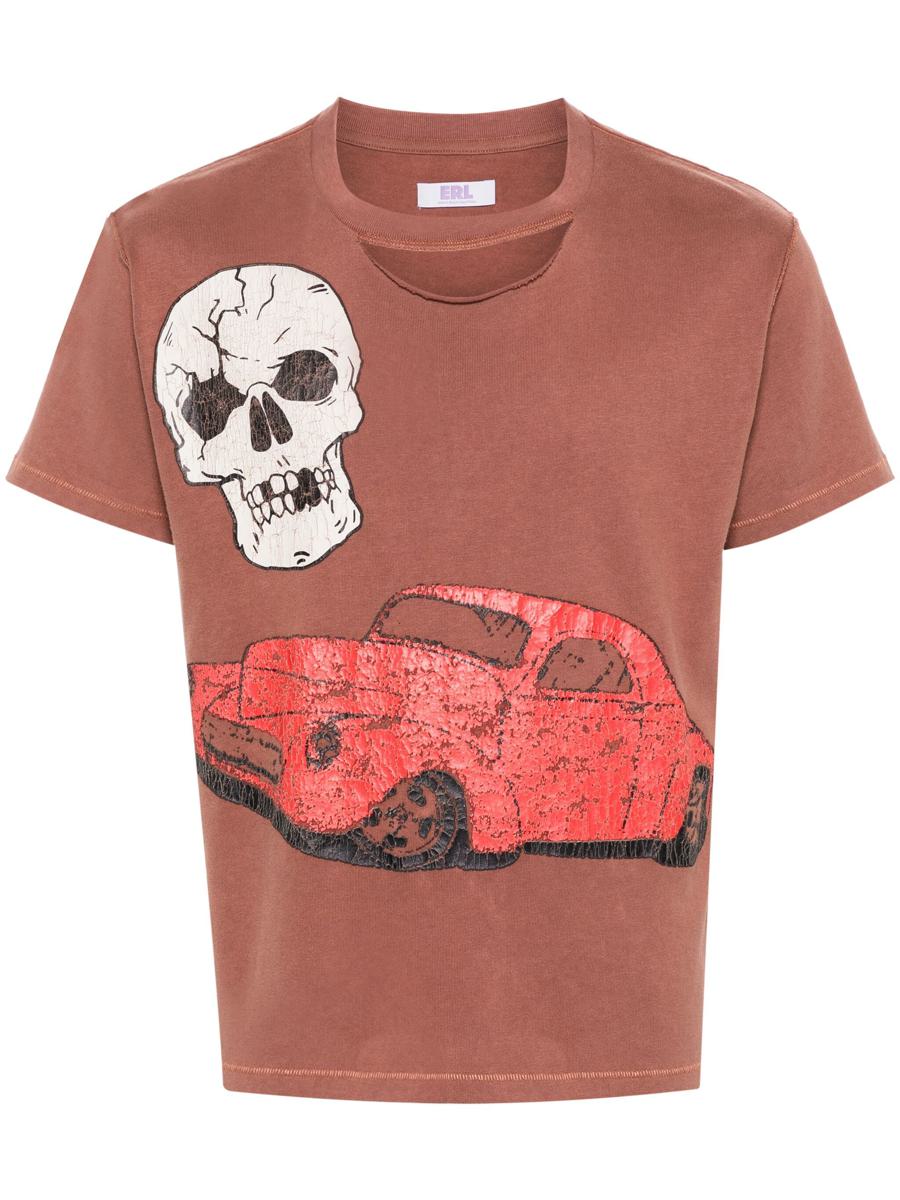 Erl Unisex Ripped Collar Skull Red Car Tshirt Knit Clothing