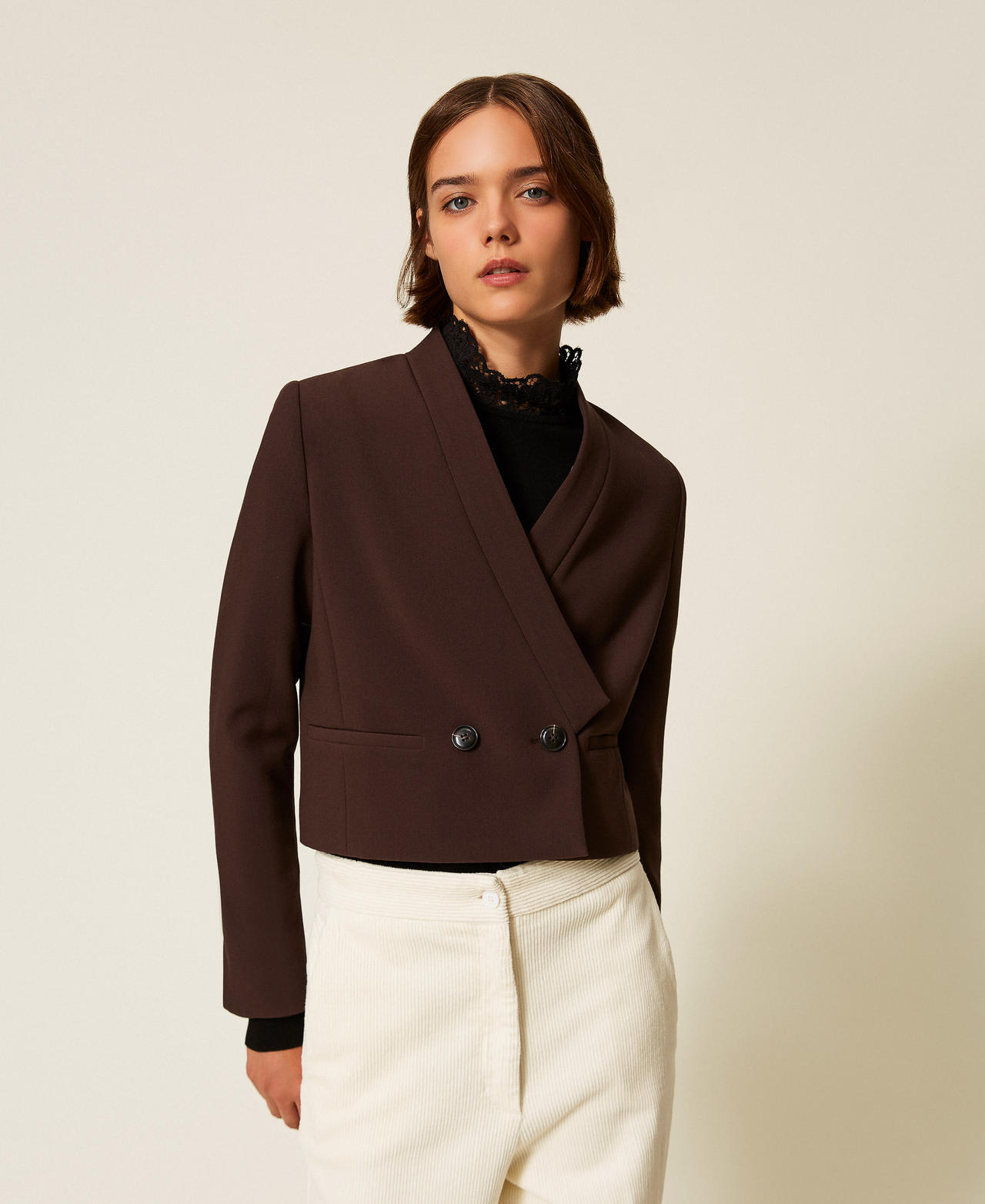 Twinset Blousons et manteaux - Blouson croisé en crêpe, Chocolat Noir, Taille: 38