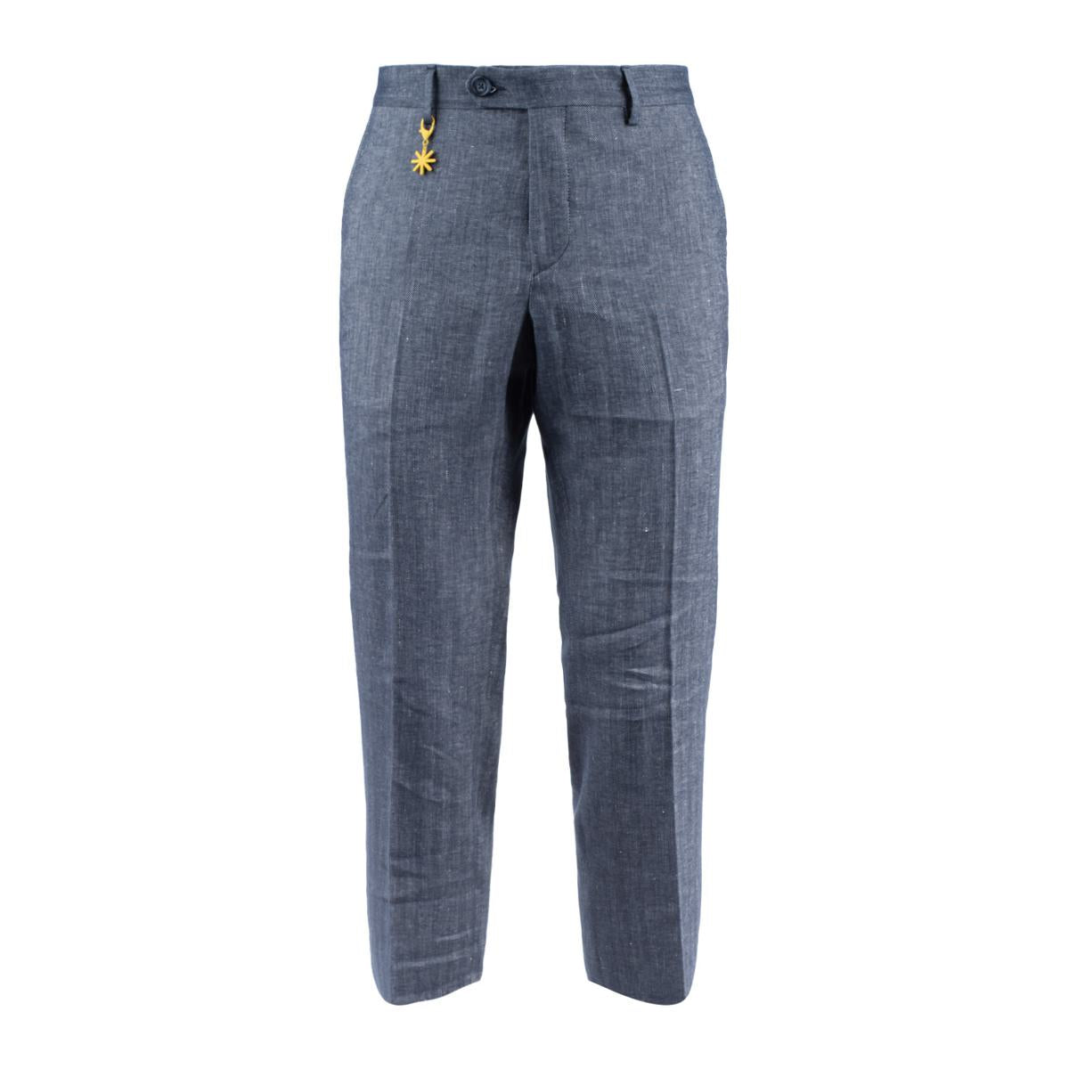 Manuel Ritz Blue Cotton Linen Chevron Pants