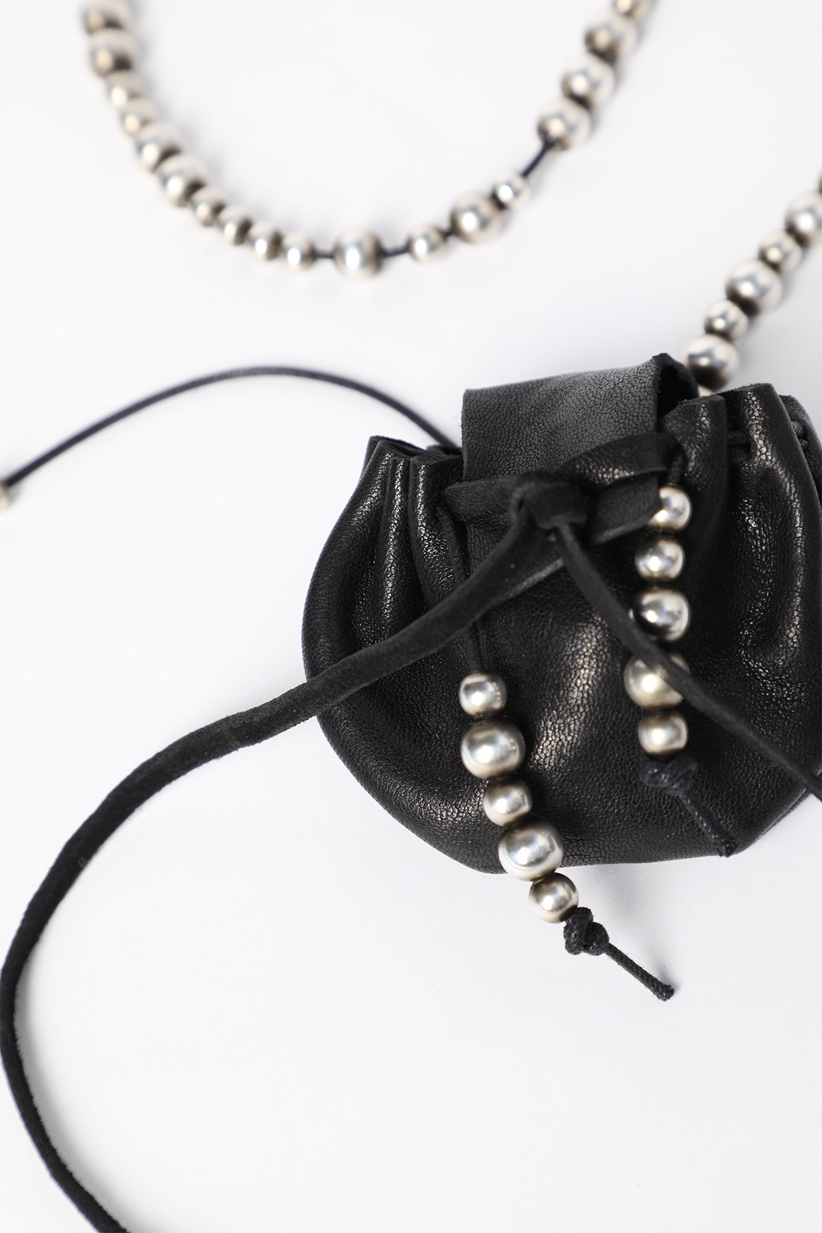 Sindri Silver Necklace With Small Leather Bag Pendant