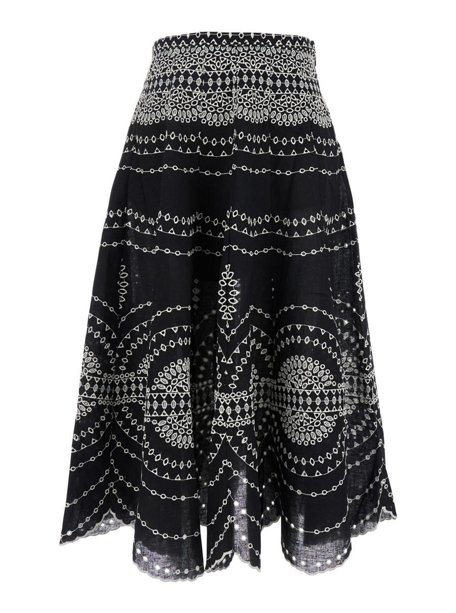 'Livvy' Black Midi Skirt With Scallop Hem And All-Over Embroidery In Cotton Nad Linen Blend Woman