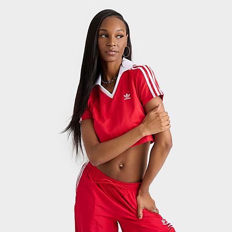 adidas Women's Originals adicolor Football Jacquard V-Neck Polo T-Shirt in Better Scarlet Size: XS