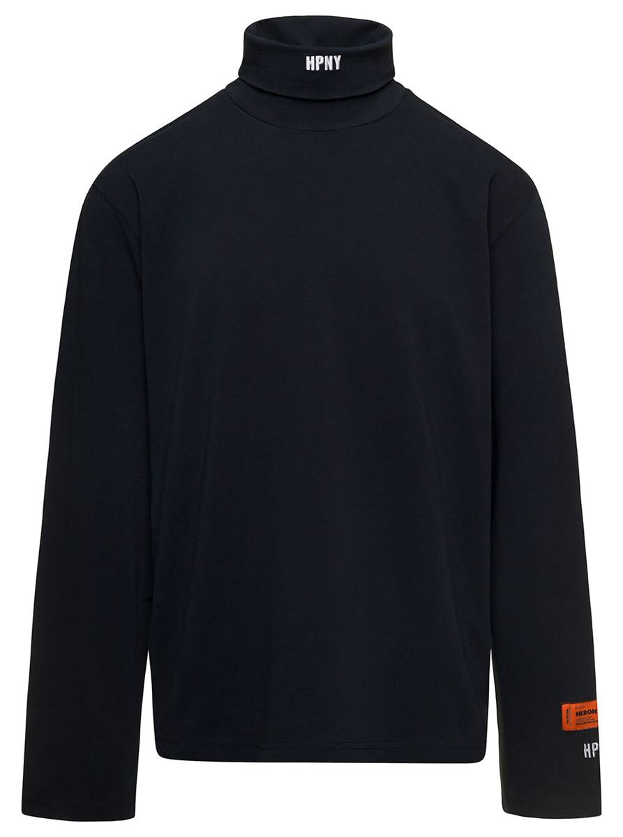 Black Turtleneck Pullover With Contrasting Logo Embroidery In Cotton Man