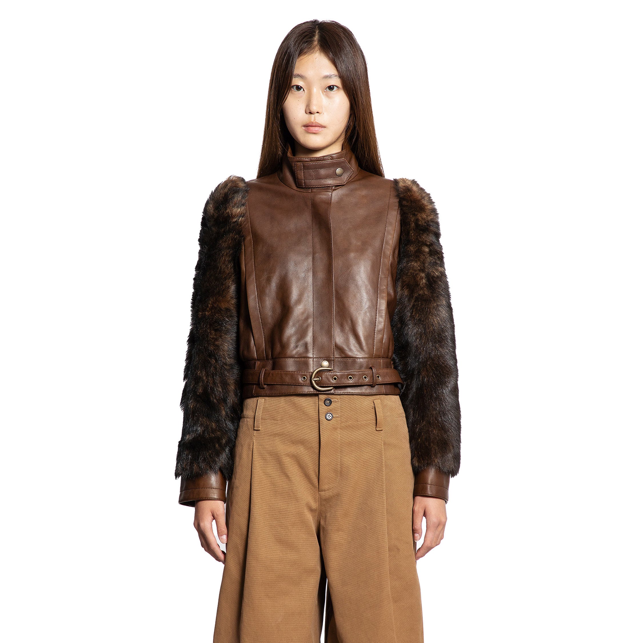 High-Neck Short Jacket in Leather