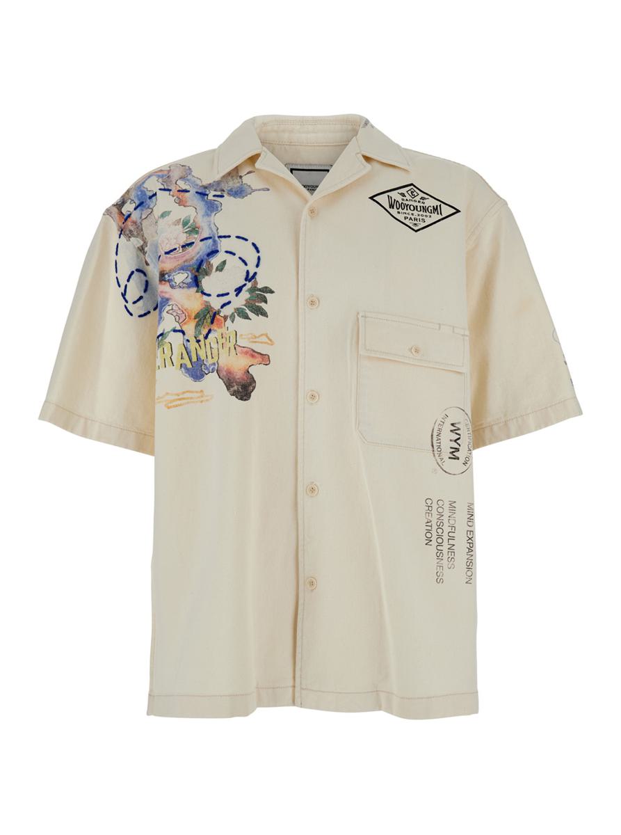 Beige Bowling Shirt With Cubab Collar And All-Over Prints In Cotton Man