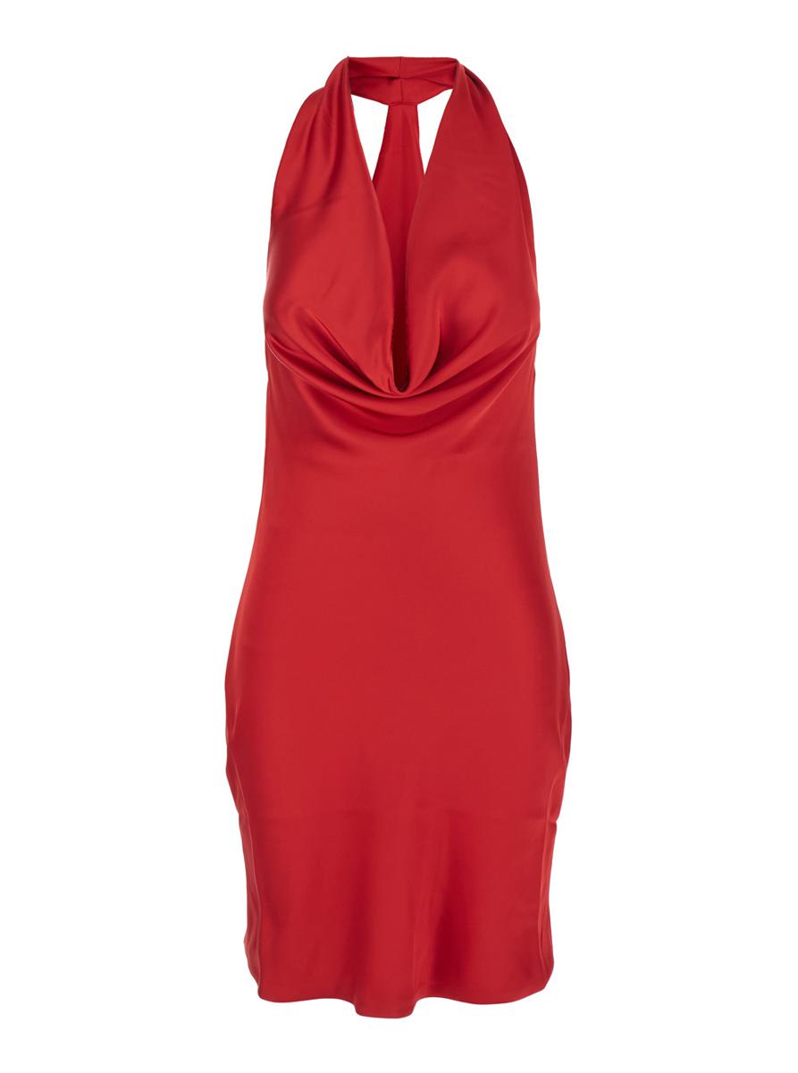 Red Sleeveless Mini Dress With Halterneck And Draped Bodice In Tech Fabric Woman