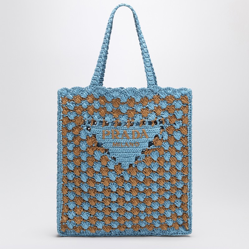 Sky blue/caramel crochet tote bag with logo