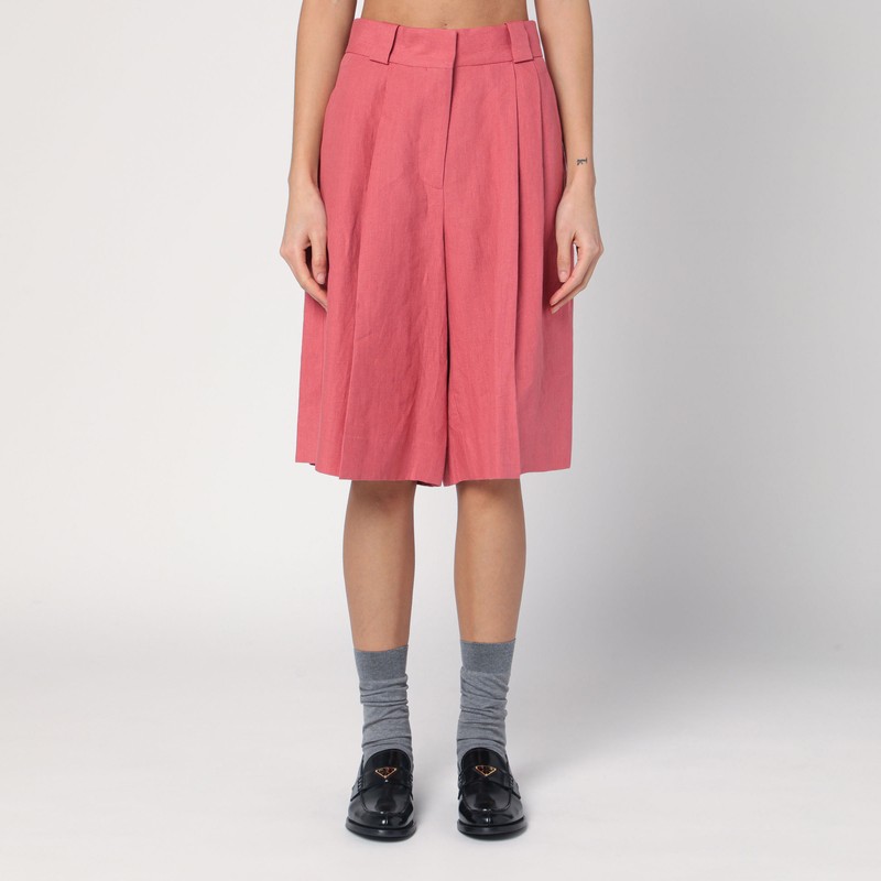 Wide fuchsia linen Bermuda shorts