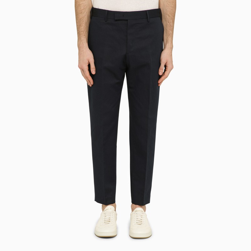 Navy blue slim trousers in cotton and linen