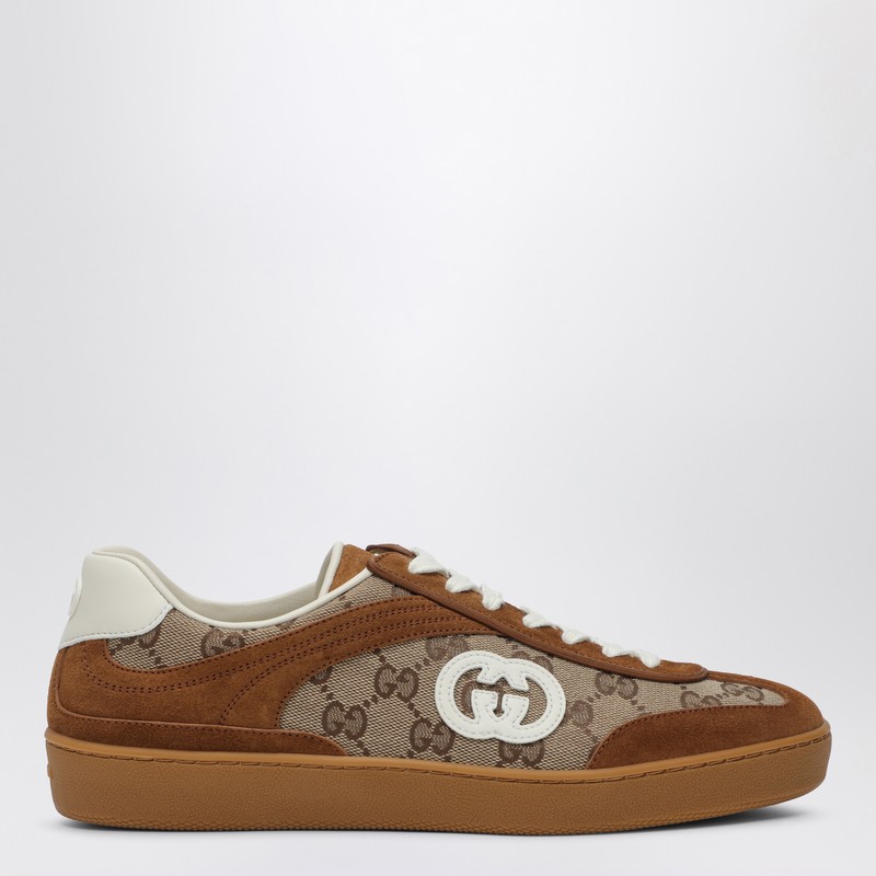 Brown G75 sneaker in suede and GG fabric
