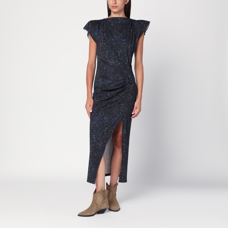 Mid-length dress with midnight blue print